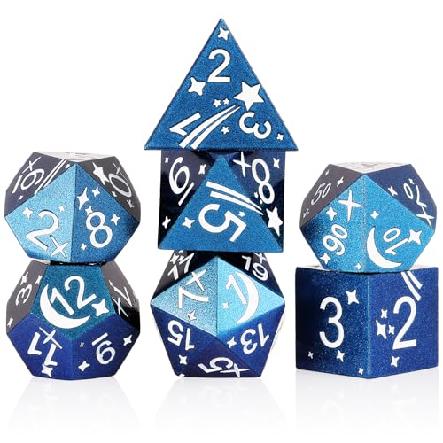 Handan Rollenspiel-Wrfel-Set aus Metall, 7-teilig, Stern und Mond, Blauer Glitzer mit Wei, Zinklegierung, polyedrisch, D&D-Wrfel mit Geschenk-Metallbox fr Dungeons und Drachen, Tischspiel von Handan