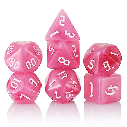 Polyedrische DND-Würfel, D&D-Würfel-Set gefüllt mit rosa und weißen Wirbeln für Rollenspiele, Würfelspiele als DND-, RPG-, MTG-Tischspiele, 7-teiliges Set von Handan