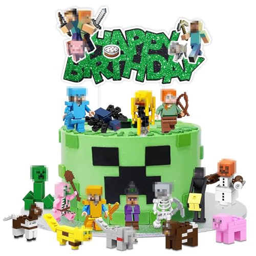 Hangsky 18 Stück Pixe Tortendeko mit Mini Figuren, Pixe Kuchen Deko Junge, Cake Toppers Kindergeburtstag, Happy Birthday Topper für Kinder Geburtstag Party Kuchen Dekoration (A) von Hangsky