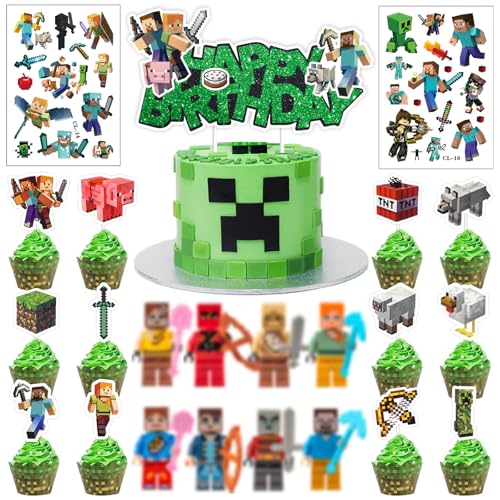 Hangsky 35 Stück Pixe Tortendeko mit Mini Figuren, Pixe Kuchen Deko Junge, Cake Toppers Kindergeburtstag, Happy Birthday Topper für Kinder Geburtstag Party Kuchen Dekoration (B) von Hangsky