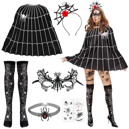 Hangsky Halloween Kostüm Spinne Damen, 7 Stück Spinnenkostüm Damen Set, Halloween Kostüm Set für Karneval Party (A) von Hangsky