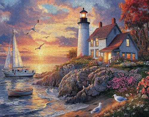 Puzzle 100 Teile Erwachsene Warmes Zuhause 28x40cm Puzzles für Erwachsene Lernspiel Herausforderungsspielzeug 100 Teilige Spiel Puzzlematte Leuchtturm, Boot Puzzlematte, Geschenk Z-4 von Hanjunng