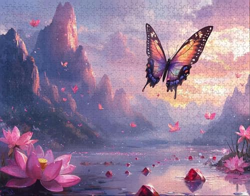 Puzzle 100 Teile Erwachsene Warmes Zuhause 28x40cm Puzzles für Erwachsene Lernspiel Herausforderungsspielzeug 100 Teilige Spiel Puzzlematte Schmetterling, Lotus Puzzlematte, Gift K-1 von Hanjunng