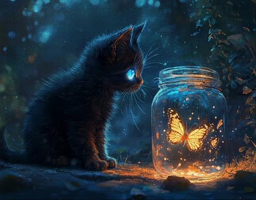 Puzzle 300 Teile Erwachsene Warmes Zuhause 38x26cm Puzzles für Erwachsene Lernspiel Herausforderungsspielzeug 300 Teilige Spiel Puzzlematte Katze, Schwarz Puzzlematte, Geschenk T-1 von Hanjunng