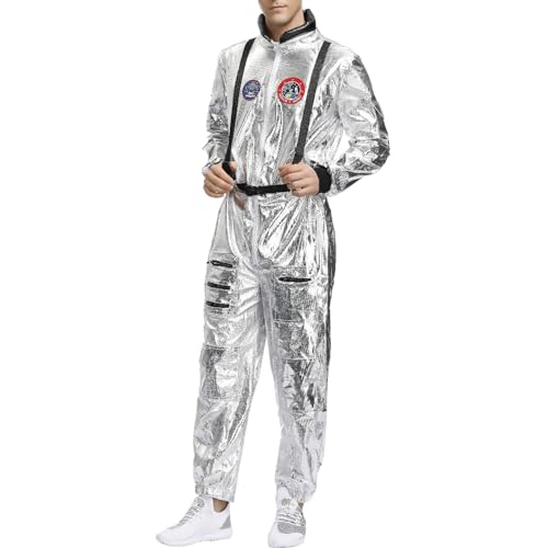 Astronaut Kostüm Damen Herren, Weltall Raumfahrer Outfit Glänzend Overall Metallic Langarm Jumpsuit Spaceman Cosplay Kostüm Rollenspiel Verkleidung von Hanraz