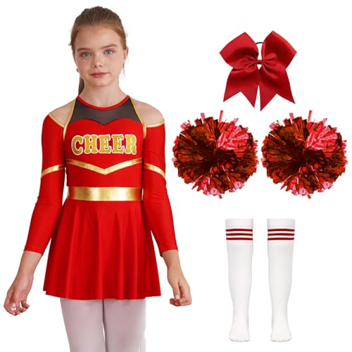 Hansber Cheerleadering Kostüm Highschool Mädchen Outfit Tanzkleid mit Pompoms Socken und Kopfbedeckung Halloween Tanzkostüm Ein Rot 158-164 von Hansber