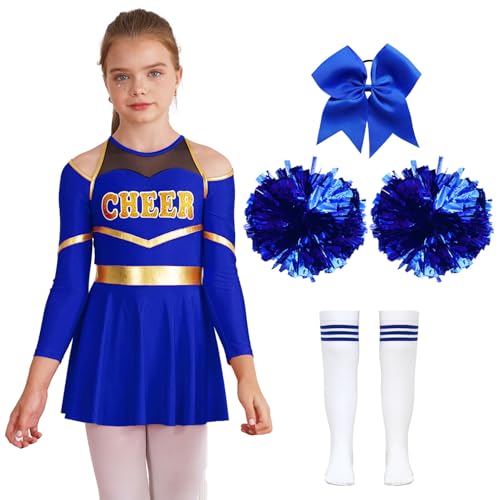 Hansber Cheerleadering Kostüm Highschool Mädchen Outfit Tanzkleid mit Pompoms Socken und Kopfbedeckung Halloween Tanzkostüm Ein blaues 170 von Hansber