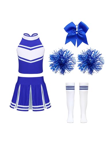 Hansber Cheerleadering Kostüm Mädchen Cheer Uniform Outfit mit Poms Socken und Kopfbedeckung für Halloween Kostüm Dress Up Partys B Blau 110-116 von Hansber