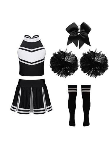 Hansber Cheerleadering Kostüm Mädchen Cheer Uniform Outfit mit Poms Socken und Kopfbedeckung für Halloween Kostüm Dress Up Partys Ein Schwarz-Weiß 110-116 von Hansber