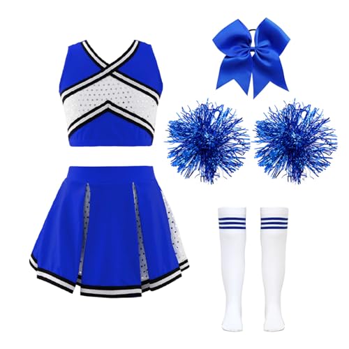 Hansber Cheerleadering Kostüm Mädchen Fancy Dress Uniform mit Pompons Socken und Stirnband High School Cheer Kostüm B Blau 134-140 von Hansber
