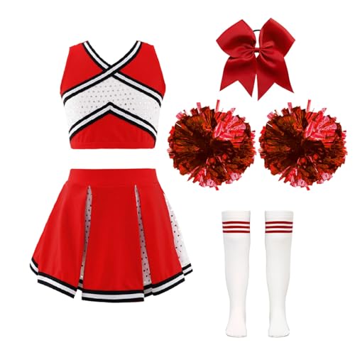 Hansber Cheerleadering Kostüm Mädchen Fancy Dress Uniform mit Pompons Socken und Stirnband High School Cheer Kostüm Ein Rot 122-128 von Hansber