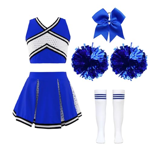 Hansber Cheerleadering Kostüm Mädchen Fancy Dress Uniform mit Pompons Socken und Stirnband High School Cheer Kostüm Ein blaues 158-164 von Hansber