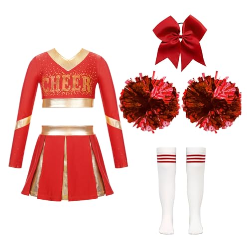 Hansber Cheerleadering Kostüm für Mädchen Cheer Leaderin Uniform mit Pompoms Socken Halloween Kostüm Dress Up Partys Ein Rot 170 von Hansber