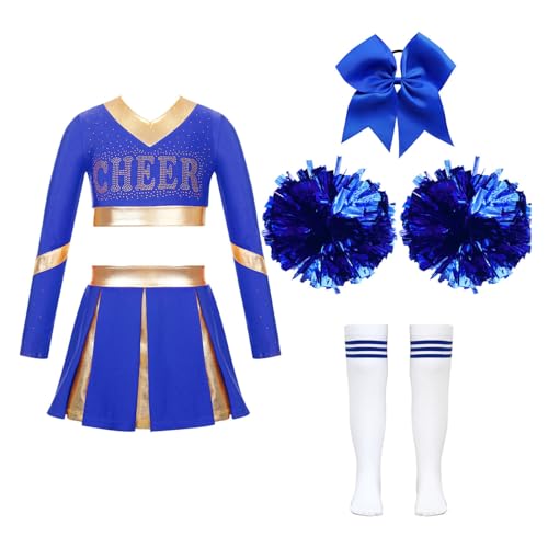 Hansber Cheerleadering Kostüm für Mädchen Cheer Leaderin Uniform mit Pompoms Socken Halloween Kostüm Dress Up Partys Ein blaues 122-128 von Hansber