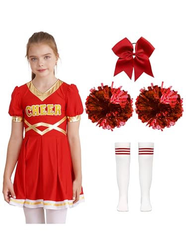 Hansber Cheerleadering Kostümuniform Mädchen Kurzarm Tanzkleid Karneval Fasching Kostüm Sportkleid für Halloween Party Karneval Ein Rot 170 von Hansber