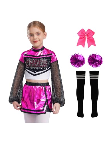 Hansber Cheerleaderkostüm Für Mädchen Tanzoutfit Mit Crop Top Puscheln Rock Strümpfe Haarspange Karneval Party Kostüm Cosplay Pink 158-164 von Hansber