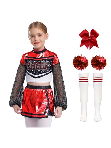 Hansber Cheerleaderkostüm Für Mädchen Tanzoutfit Mit Crop Top Puscheln Rock Strümpfe Haarspange Karneval Party Kostüm Cosplay Rot 122-128 von Hansber
