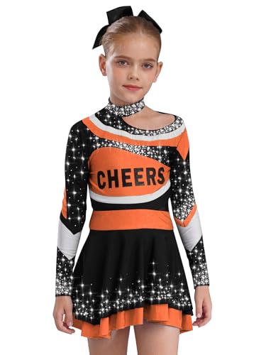Hansber Cheerleading Kostüm Mädchen Kurzes Oberteil Mit Pailletten Und Kurzem Rock Schule Uniform Party Kostüm Cosplay Performance Orange 122-128 von Hansber