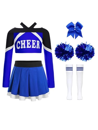 Hansber Cheerleading Performance Set Für Mädchen Langärmeliges Crop-top Mit Buchstabendruck Und Faltenrock Pompons Und Socken Blau 110-116 von Hansber