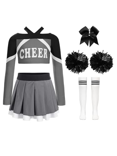 Hansber Cheerleading Performance Set Für Mädchen Langärmeliges Crop-top Mit Buchstabendruck Und Faltenrock Pompons Und Socken Grau 134-140 von Hansber