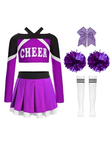 Hansber Cheerleading Performance Set Für Mädchen Langärmeliges Crop-top Mit Buchstabendruck Und Faltenrock Pompons Und Socken Lila 134-140 von Hansber