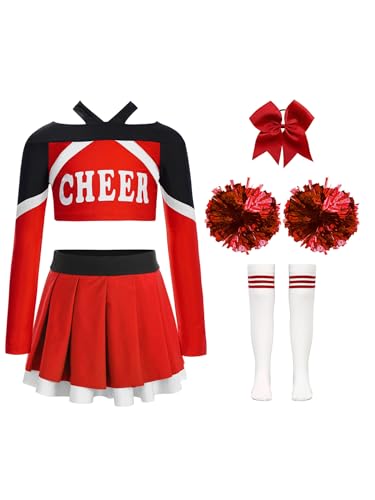 Hansber Cheerleading Performance Set Für Mädchen Langärmeliges Crop-top Mit Buchstabendruck Und Faltenrock Pompons Und Socken Rot 158-164 von Hansber