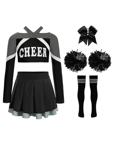 Hansber Cheerleading Performance Set Für Mädchen Langärmeliges Crop-top Mit Buchstabendruck Und Faltenrock Pompons Und Socken Schwarz 158-164 von Hansber