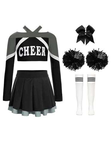 Hansber Cheerleading Performance Set Für Mädchen Langärmeliges Crop-top Mit Buchstabendruck Und Faltenrock Pompons Und Socken Schwarz Weiß 170 von Hansber