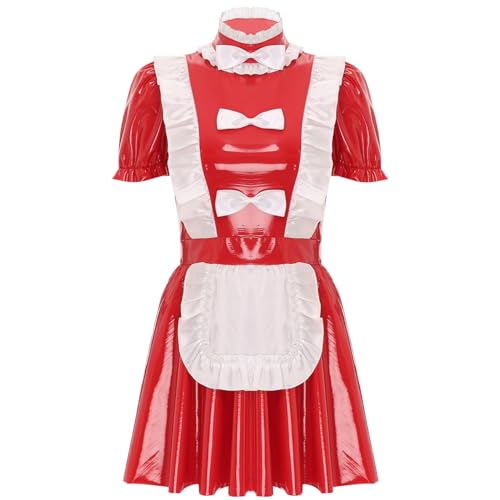 Hansber Damen French Maid Kostüm Lederkleid Wetlook Minikleid Sexy Nachtwäsche Uniform Cosplay Faschingskostüm Clubwear Rot 4XL von Hansber