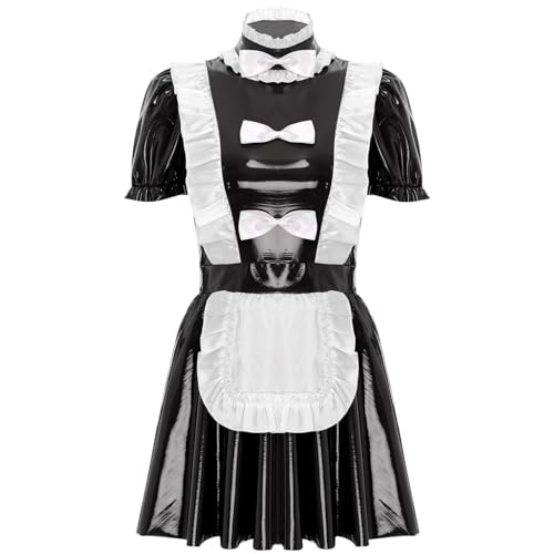 Hansber Damen French Maid Kostüm Lederkleid Wetlook Minikleid Sexy Nachtwäsche Uniform Cosplay Faschingskostüm Clubwear Schwarz 4XL von Hansber