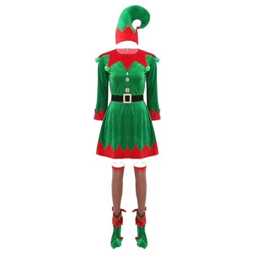 Hansber Damen Weihnachtselfe Kostüm Set Weihnachtskleid Elf Hut Elfenschuhe Strumpf und Gürtel Weihnachtswichtel Kostüm Grün S von Hansber