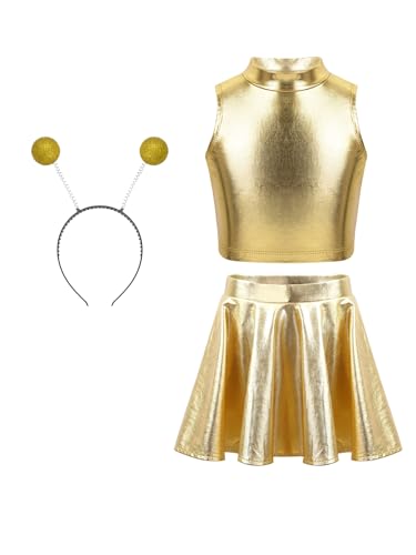 Hansber Halloween Alien Cosplay Kostüm Für Mädchen Crop Top Ohne Ärmel Plissierter Rock Alien Stirnbänder Thematische Partykleidung Gold 158-164 von Hansber
