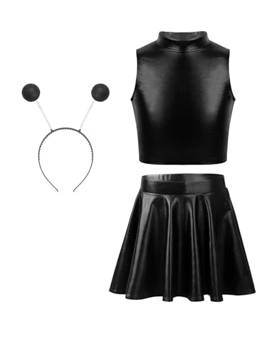 Hansber Halloween Alien Cosplay Kostüm Für Mädchen Crop Top Ohne Ärmel Plissierter Rock Alien Stirnbänder Thematische Partykleidung Schwarz 146-152 von Hansber