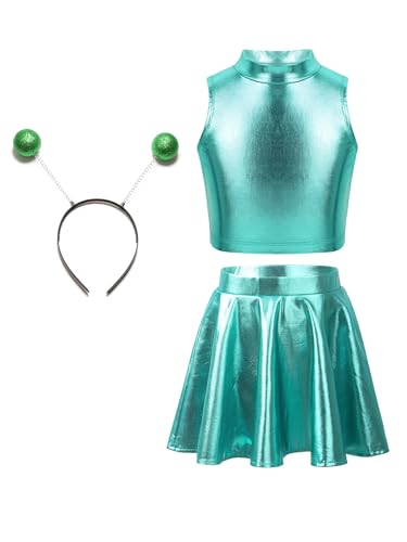 Hansber Halloween Alien Cosplay Kostüm Für Mädchen Crop Top Ohne Ärmel Plissierter Rock Alien Stirnbänder Thematische Partykleidung Seeblau 170 von Hansber