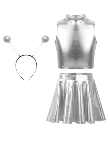 Hansber Halloween Alien Cosplay Kostüm Für Mädchen Crop Top Ohne Ärmel Plissierter Rock Alien Stirnbänder Thematische Partykleidung Silber 158-164 von Hansber