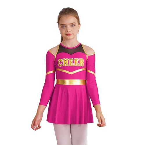 Hansber Halloween Kostüm Kinder Cheerleadering Outfit Mädchen Kleid mit Buchstaben Druckt Bühnenauftritt Party Cosplay Tanzkleidung Hot Pink 146-152 von Hansber