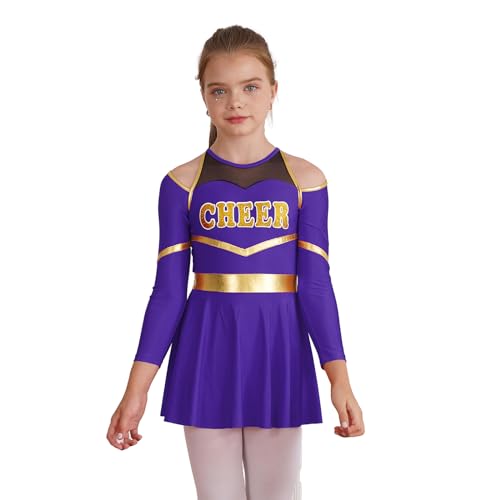Hansber Halloween Kostüm Kinder Cheerleadering Outfit Mädchen Kleid mit Buchstaben Druckt Bühnenauftritt Party Cosplay Tanzkleidung Violett 134-140 von Hansber