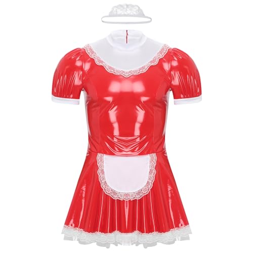 Hansber Herren Sissy Kleid Dienstmädchen Kostüm Hausmädchen Cosplay Dessous Crossdresser Nachtkleid mit Stirnband Rot XL von Hansber