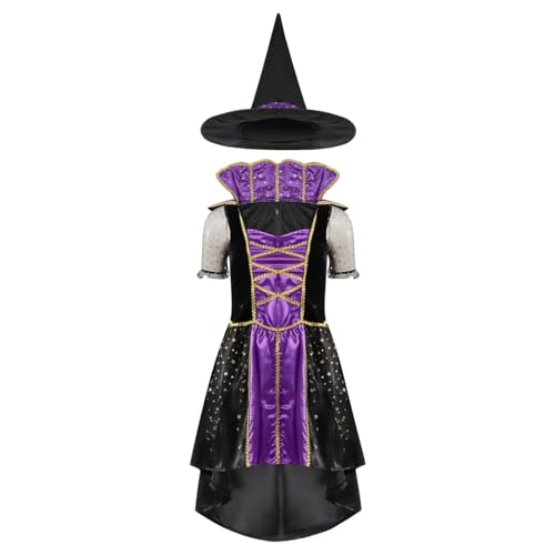 Hansber Kostüme Halloween Damen Hexenkleid Vintage Vampir Kleid Schwarz Hexen Halloween Faschingskostüme mit Hut Violett L von Hansber