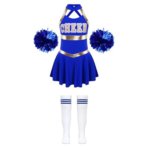 Hansber Mädchen Cheer Leader Kostüm Ärmellos Cheerleading Uniform Minikleid + Socken + Pompons Karneval Party Outfit Set Ein Königsblau 134-140 von Hansber