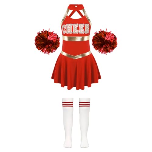 Hansber Mädchen Cheer Leader Kostüm Ärmellos Cheerleading Uniform Minikleid + Socken + Pompons Karneval Party Outfit Set Ein Rot 170 von Hansber