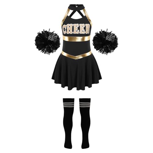 Hansber Mädchen Cheer Leader Kostüm Ärmellos Cheerleading Uniform Minikleid + Socken + Pompons Karneval Party Outfit Set Ein Schwarz-Weiß 158-164 von Hansber