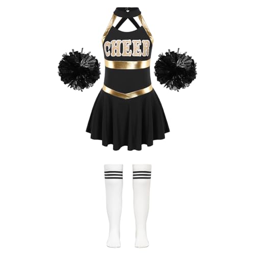 Hansber Mädchen Cheer Leader Kostüm Ärmellos Cheerleading Uniform Minikleid + Socken + Pompons Karneval Party Outfit Set Ein Weiß&Schwarz 134-140 von Hansber