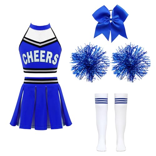 Hansber Mädchen Cheerleadering Kostüm Karneval Fashingskotüm Fancy Dress Uniform mit Pompons Socken und Stirnband B Blau 146-152 von Hansber