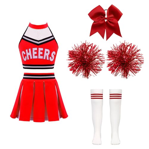 Hansber Mädchen Cheerleadering Kostüm Karneval Fashingskotüm Fancy Dress Uniform mit Pompons Socken und Stirnband B Rot 134-140 von Hansber