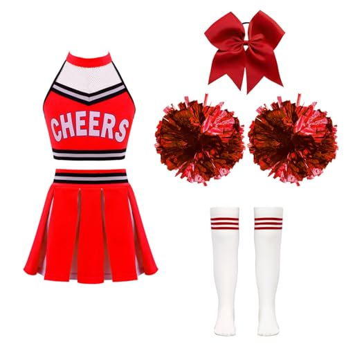 Hansber Mädchen Cheerleadering Kostüm Karneval Fashingskotüm Fancy Dress Uniform mit Pompons Socken und Stirnband Ein Rot 122-128 von Hansber
