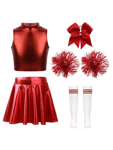 Hansber Mädchen Cheerleading Kostüm Schulmädchen Uniform Crop Tops Rock mit Pompons Socken und Kopfbedeckung Halloween Kostüm B Rot 122-128 von Hansber
