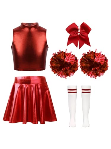 Hansber Mädchen Cheerleading Kostüm Schulmädchen Uniform Crop Tops Rock mit Pompons Socken und Kopfbedeckung Halloween Kostüm Ein Rot 122-128 von Hansber