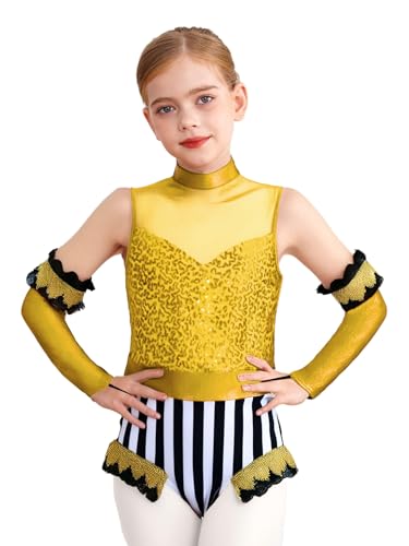 Hansber Zirkus Dompteur Kostüm Für Mädchen Tanz Gymnastik Glitzer Badeanzug Halloween Clown Kostüm Cosplay Gelb 110-116 von Hansber