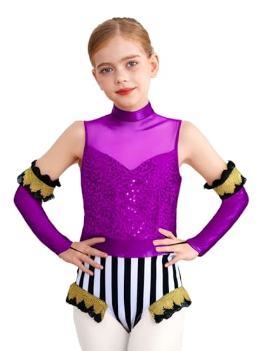 Hansber Zirkus Dompteur Kostüm Für Mädchen Tanz Gymnastik Glitzer Badeanzug Halloween Clown Kostüm Cosplay Lila 158-164 von Hansber